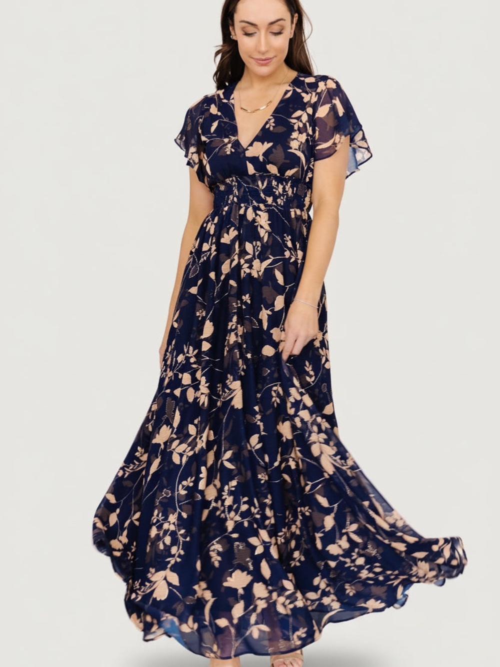 Baltic Born Lynlee Metallic Floral Maxi Dress Navy & Tan NWT